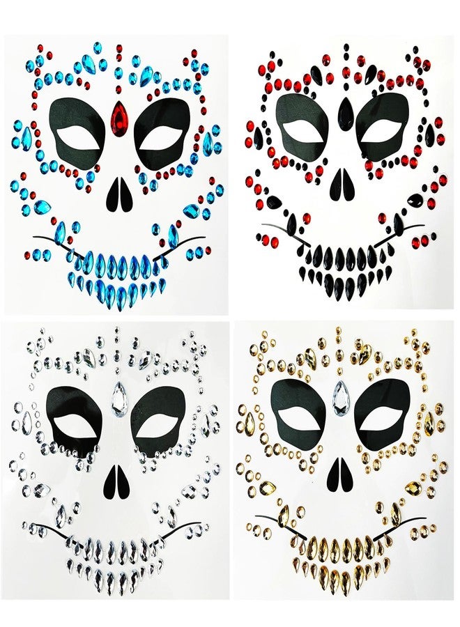 Leoars 4-Pack Day Of The Death Face Gems,Halloween Temporary Face Tattoos, Rhinestone Face Jewels Stickers - Image 1
